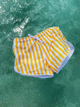 Load image into Gallery viewer, Kids Yellow Stripe Board Shorts UPF 50+