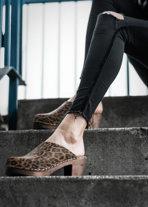 Lotta High Heel Leopard Clogs Girl on the Wing