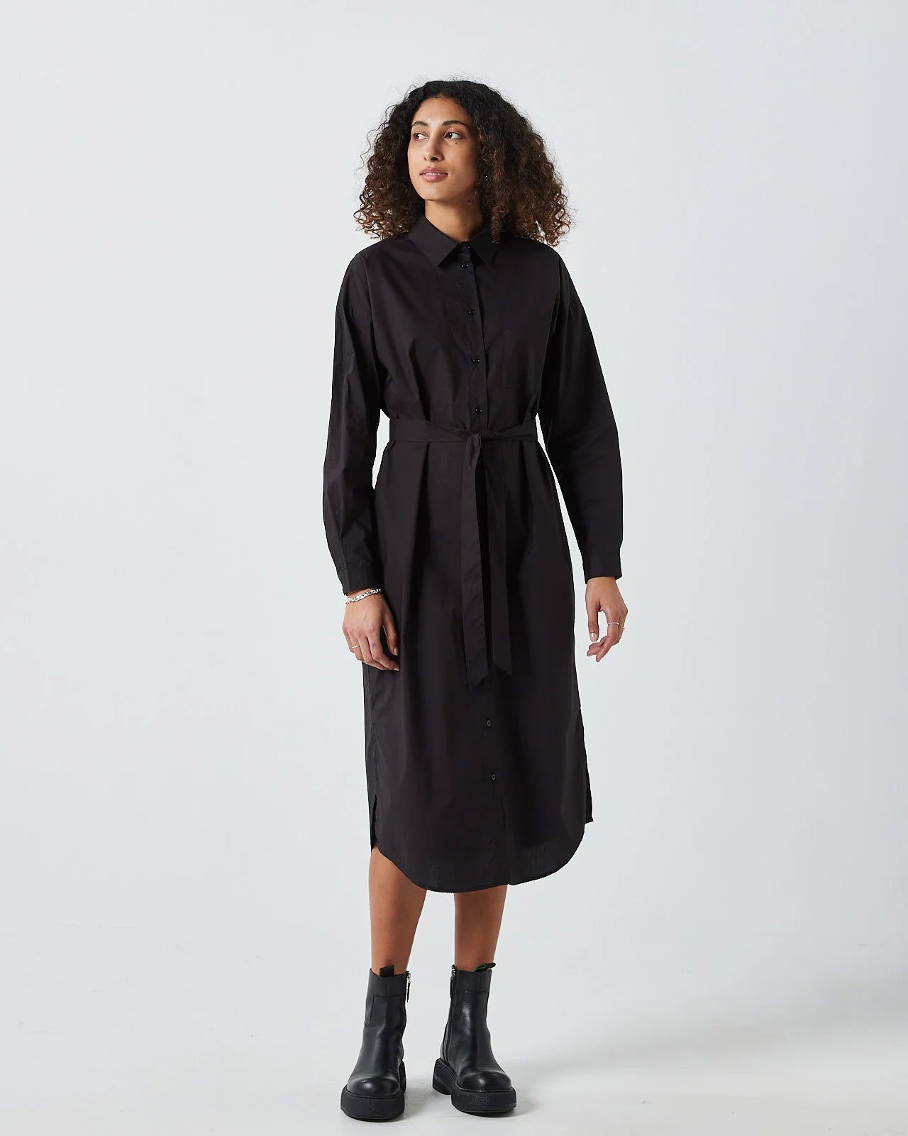 Cotton Midi Shirt Dress Black