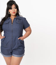 Load image into Gallery viewer, Rivetingly Retro Jean Romper
