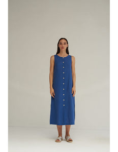 Marine Blue Linen Button Dress