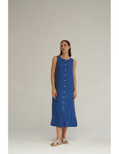 Marine Blue Linen Button Dress