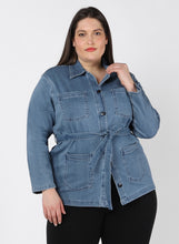 Load image into Gallery viewer, Plus: Belted Denim Jacket
